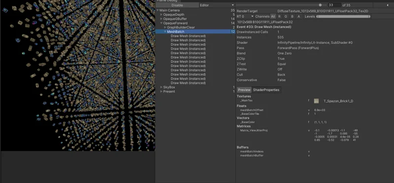 自定义管线 Frame Debug（MeshBatch，12 DrawInstanceCalls，535 Instances）