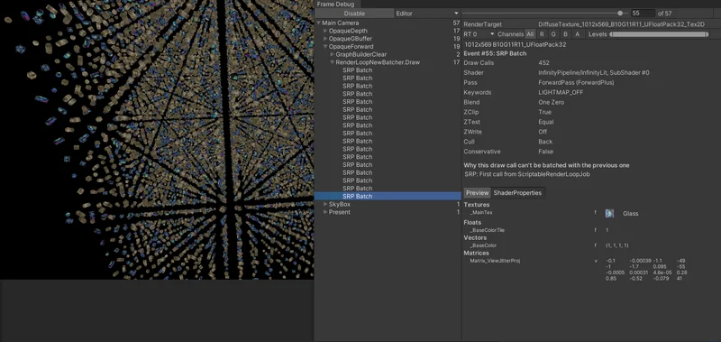原生管线 Frame Debug（SRP Batch，452 DrawCalls）